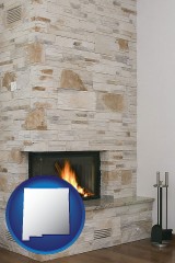 new-mexico map icon and a limestone fireplace