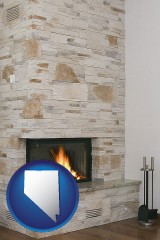 nevada map icon and a limestone fireplace