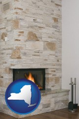 new-york map icon and a limestone fireplace