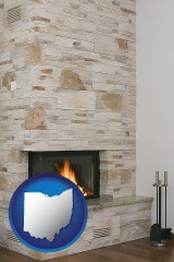ohio map icon and a limestone fireplace