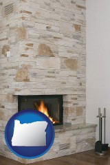 oregon map icon and a limestone fireplace