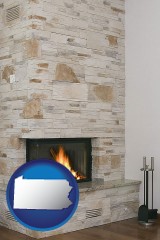 pennsylvania map icon and a limestone fireplace
