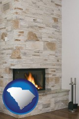 south-carolina map icon and a limestone fireplace