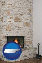 tennessee map icon and a limestone fireplace
