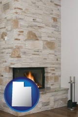 utah map icon and a limestone fireplace