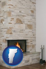 vermont map icon and a limestone fireplace