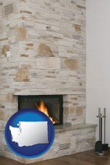 washington map icon and a limestone fireplace