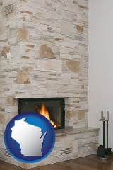 wisconsin map icon and a limestone fireplace