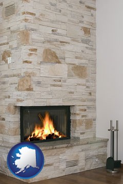 a limestone fireplace - with Alaska icon
