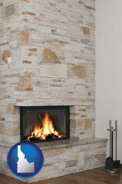 a limestone fireplace - with Idaho icon