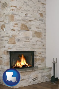 a limestone fireplace - with Louisiana icon