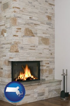 a limestone fireplace - with Massachusetts icon