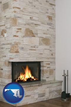 a limestone fireplace - with Maryland icon