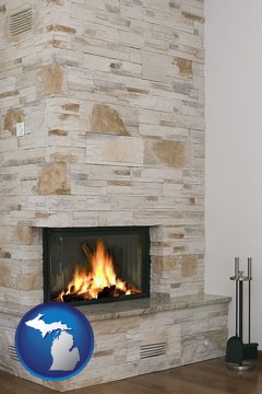 a limestone fireplace - with Michigan icon
