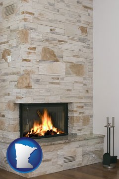 a limestone fireplace - with Minnesota icon