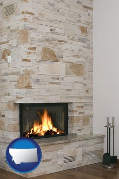 a limestone fireplace - with Montana icon