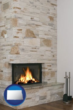 a limestone fireplace - with North Dakota icon