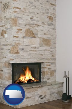 a limestone fireplace - with Nebraska icon