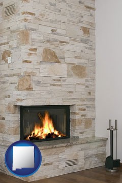 a limestone fireplace - with New Mexico icon