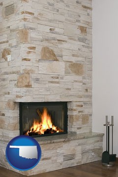 a limestone fireplace - with Oklahoma icon