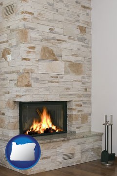 a limestone fireplace - with Oregon icon