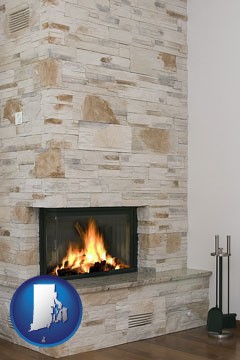 a limestone fireplace - with Rhode Island icon