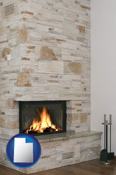a limestone fireplace - with Utah icon
