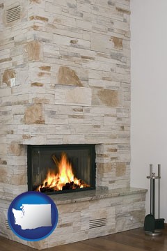 a limestone fireplace - with Washington icon