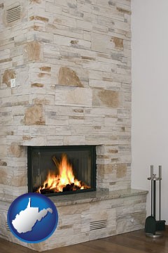a limestone fireplace - with West Virginia icon