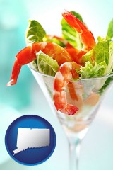 connecticut map icon and a shrimp cocktail