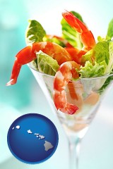 hawaii map icon and a shrimp cocktail
