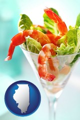 illinois map icon and a shrimp cocktail