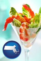 massachusetts map icon and a shrimp cocktail