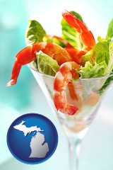 michigan map icon and a shrimp cocktail