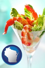 wisconsin map icon and a shrimp cocktail