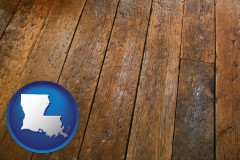 louisiana map icon and a distressed wood floor