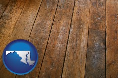 maryland map icon and a distressed wood floor