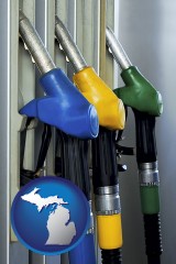 michigan map icon and gasoline pumps