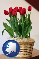 alaska map icon and a gift basket with red tulips
