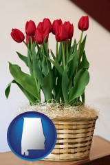alabama map icon and a gift basket with red tulips