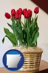 arkansas map icon and a gift basket with red tulips