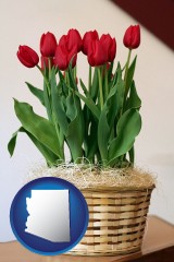 arizona map icon and a gift basket with red tulips