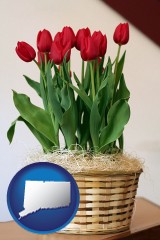 connecticut map icon and a gift basket with red tulips