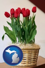 michigan map icon and a gift basket with red tulips