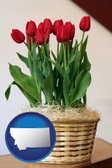 montana map icon and a gift basket with red tulips
