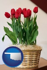 oklahoma map icon and a gift basket with red tulips