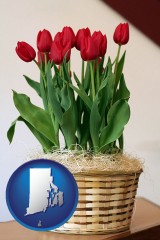 rhode-island map icon and a gift basket with red tulips