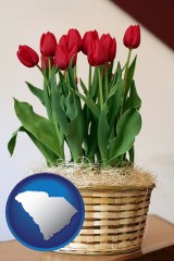 south-carolina a gift basket with red tulips