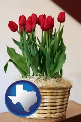 texas map icon and a gift basket with red tulips