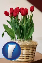 vermont a gift basket with red tulips